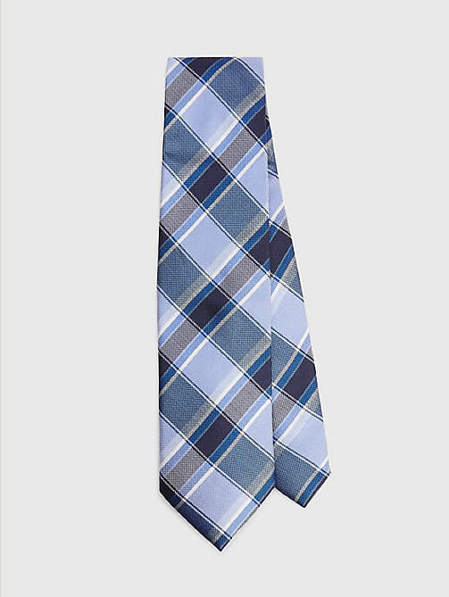 niebieski jedwabny krawat ze wzorem w kratę dla mężczyźni - tommy hilfiger