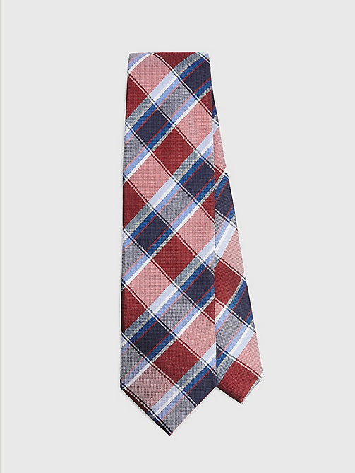 czerwony jedwabny krawat ze wzorem w kratę dla mężczyźni - tommy hilfiger