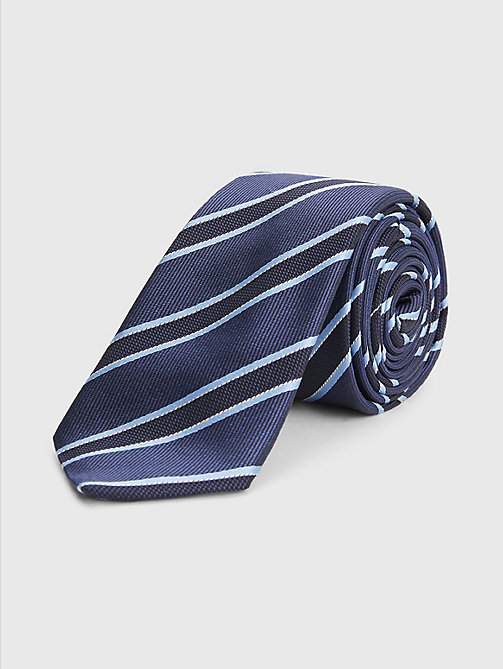 niebieski jedwabny krawat ze wzorem w paski dla mężczyźni - tommy hilfiger