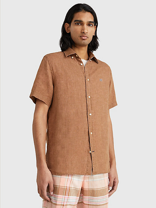 bruin linnen regular fit overhemd met korte mouwen voor men - tommy hilfiger