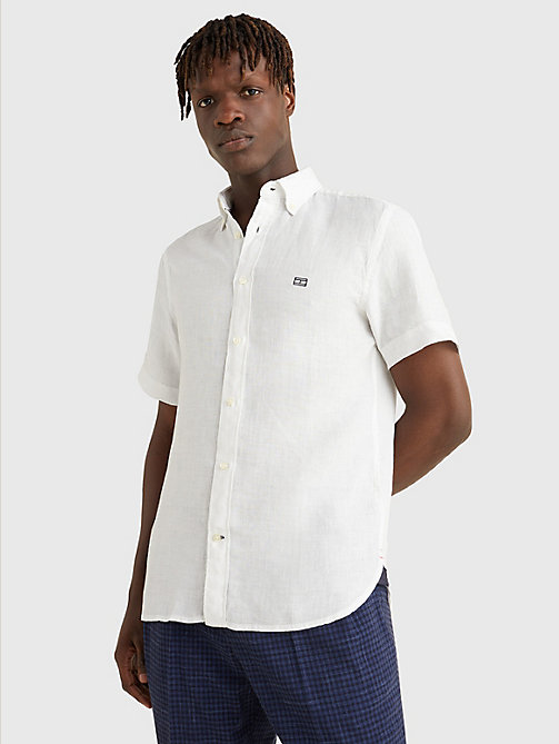 wit linnen regular fit overhemd met korte mouwen voor men - tommy hilfiger