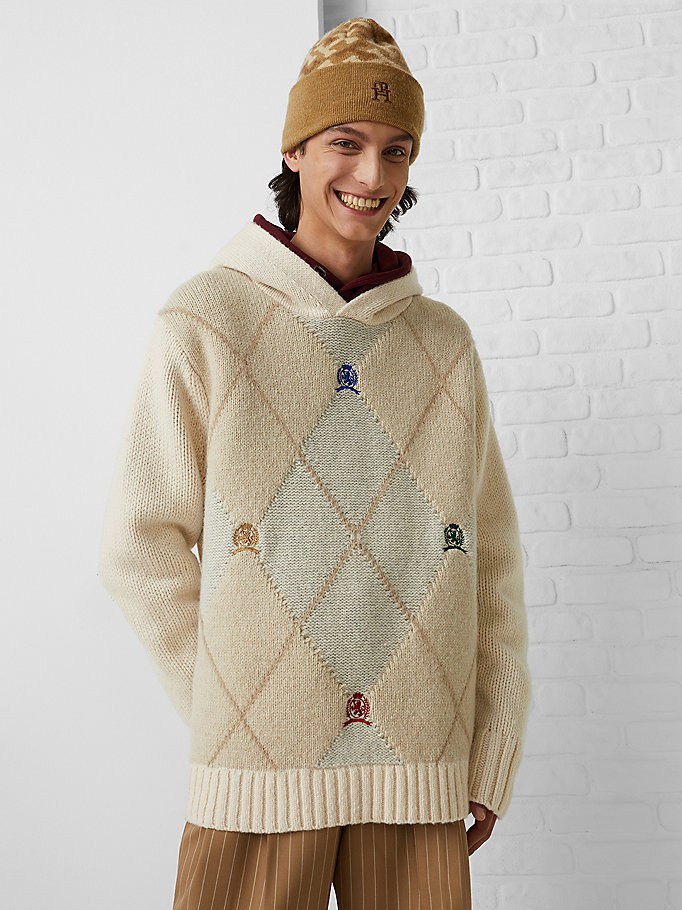 beige crest embroidery argyle knit hoody for men tommy hilfiger