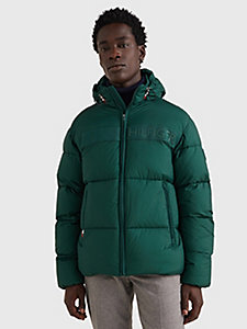 green tonal logo hooded puffer jacket for men tommy hilfiger