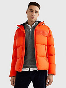 orange tonal logo hooded puffer jacket for men tommy hilfiger