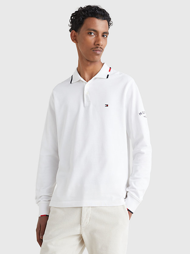 WHITE Logo Long Sleeve Slim Fit Polo for men TOMMY HILFIGER