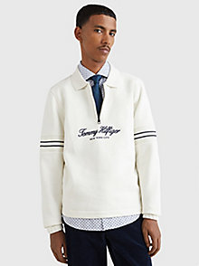 wit flex fleece popover sweatshirt met halve rits voor heren - tommy hilfiger