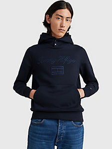 blue logo embroidery flex fleece hoody for men tommy hilfiger