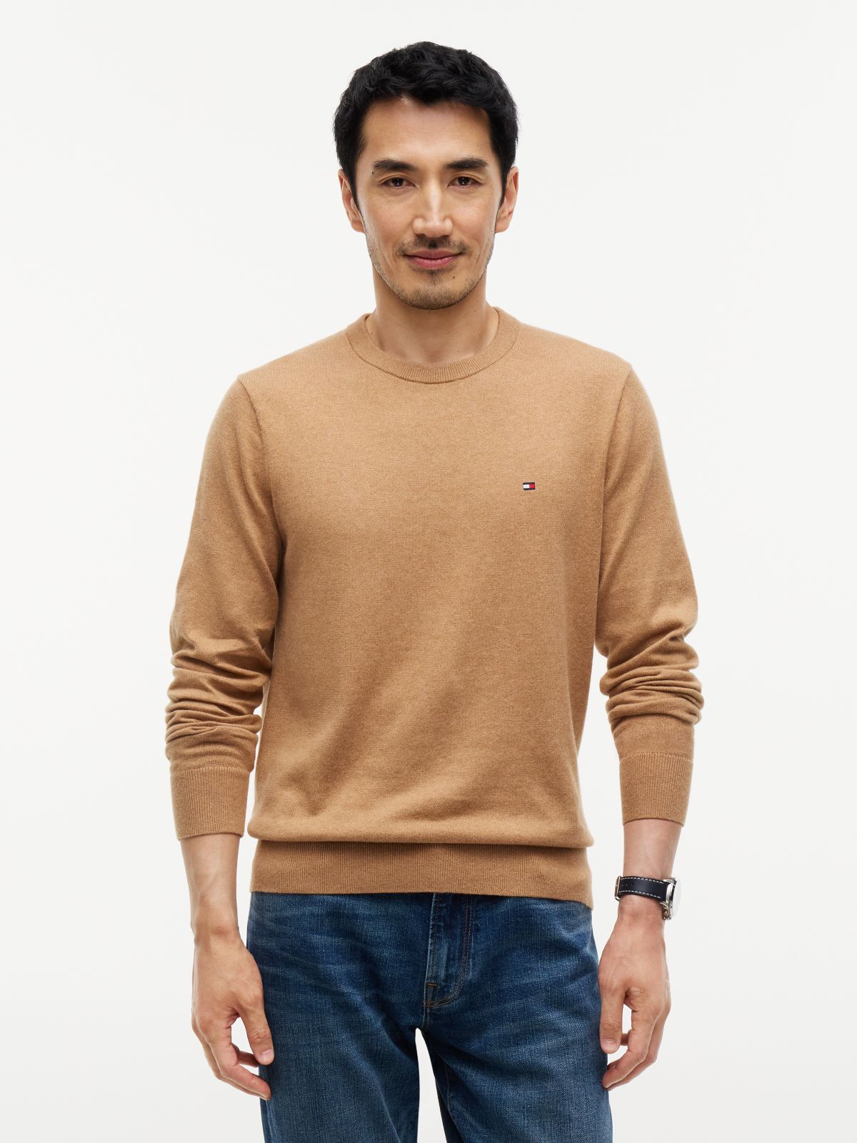 Crew Neck Jumper With Cashmere — Beige