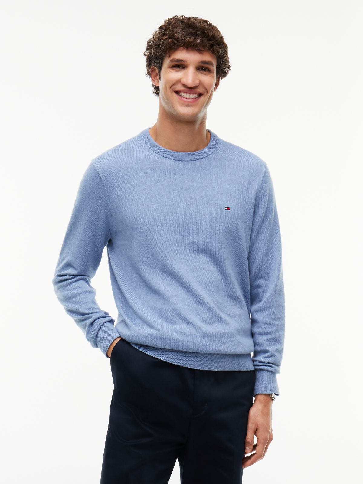 Crew Neck Jumper With Cashmere — Blue
