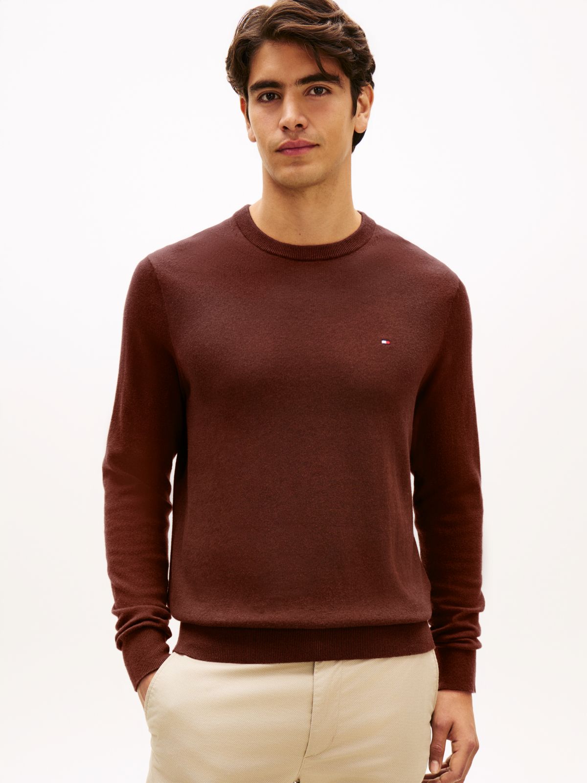 Crew Neck Jumper With Cashmere — Burgundy