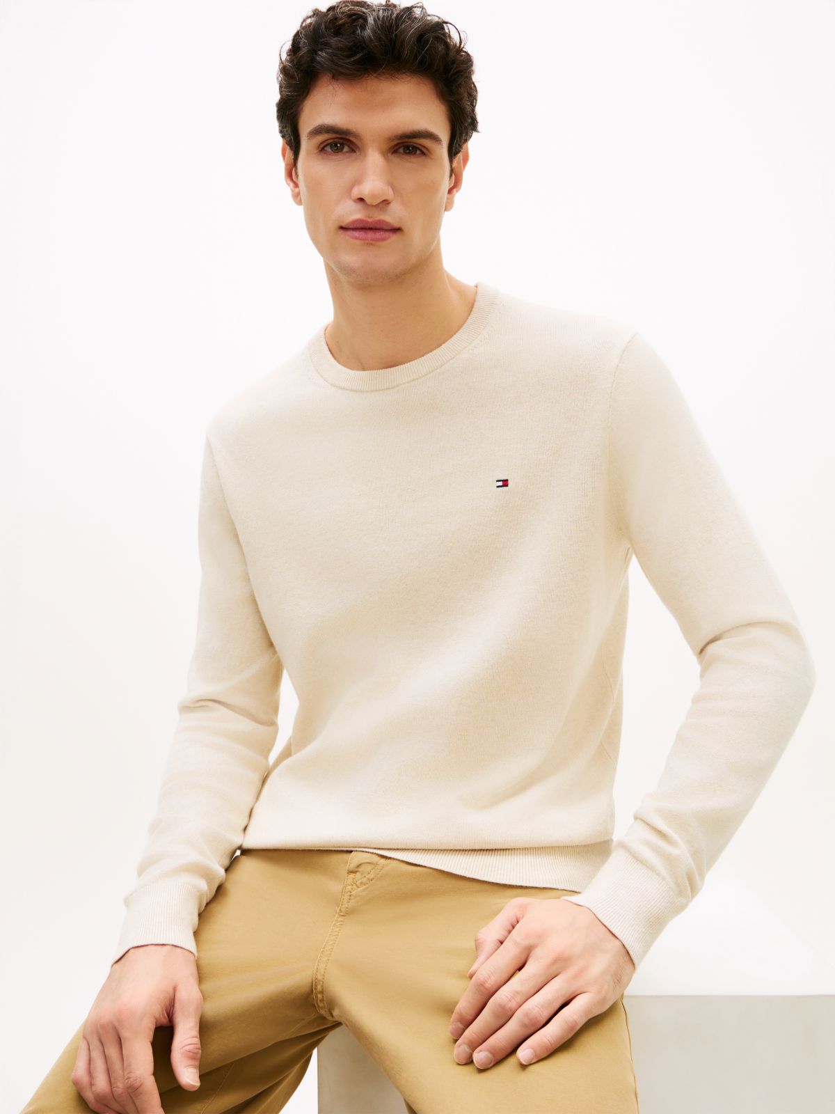 Crew Neck Jumper With Cashmere — Beige