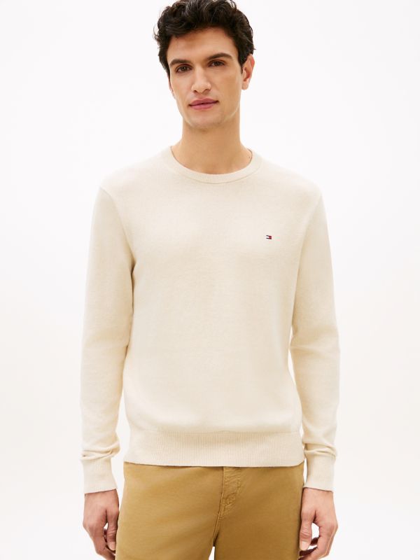 Crew Neck Jumper With Cashmere — Beige