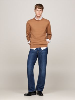 brown crew neck jumper with cashmere for men tommy hilfiger