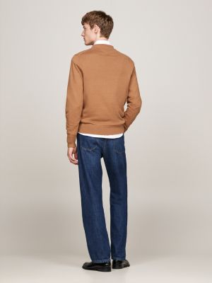 brown crew neck jumper with cashmere for men tommy hilfiger