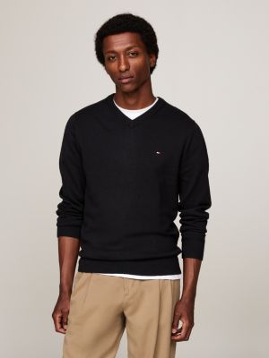 black v-neck jumper with cashmere for men tommy hilfiger