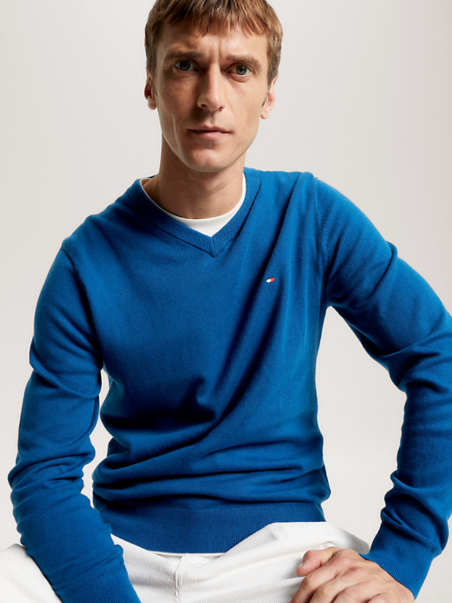 blue v-neck regular fit jumper for men tommy hilfiger