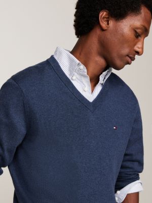 blue v-neck jumper with cashmere for men tommy hilfiger