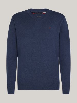 blue v-neck jumper with cashmere for men tommy hilfiger