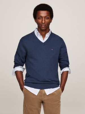 blue v-neck jumper with cashmere for men tommy hilfiger