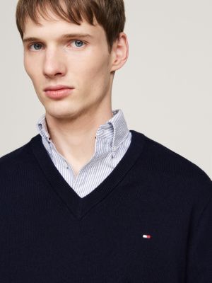 blue v-neck jumper with cashmere for men tommy hilfiger