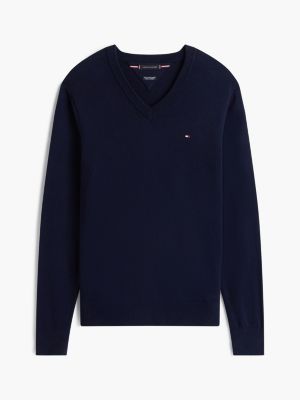 blue v-neck jumper with cashmere for men tommy hilfiger
