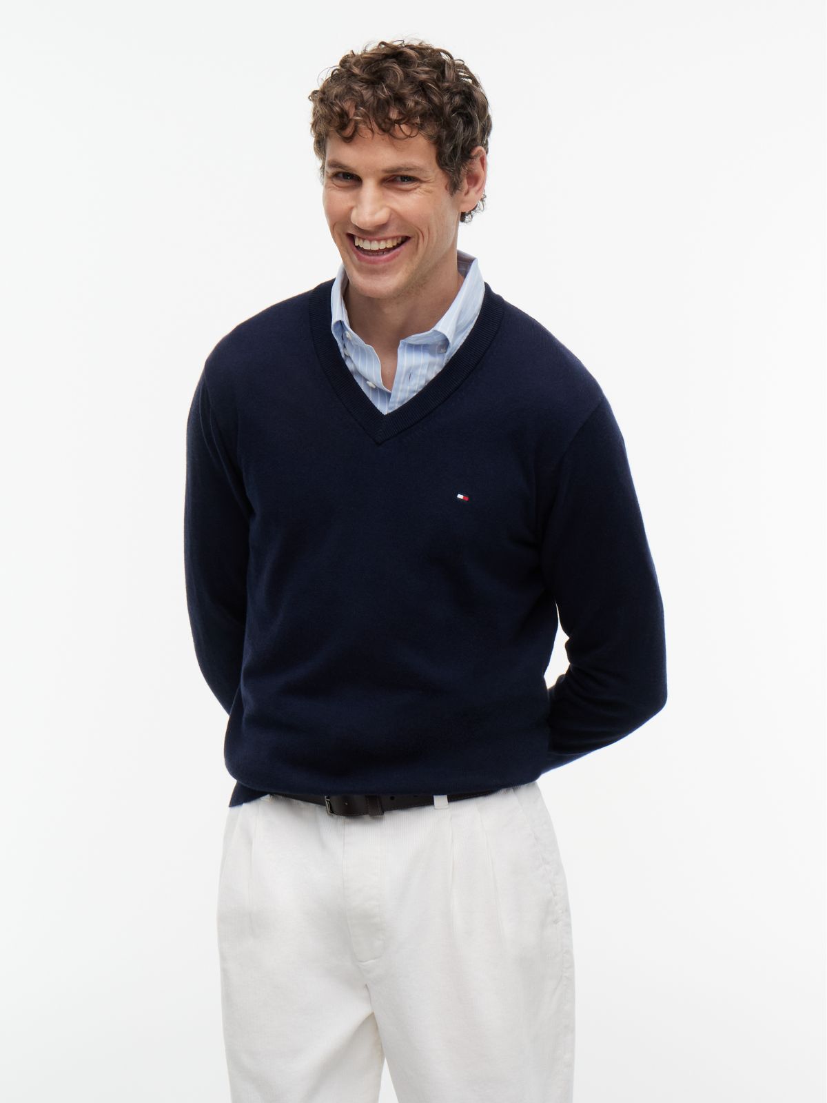 V-Neck Jumper With Cashmere — Blue