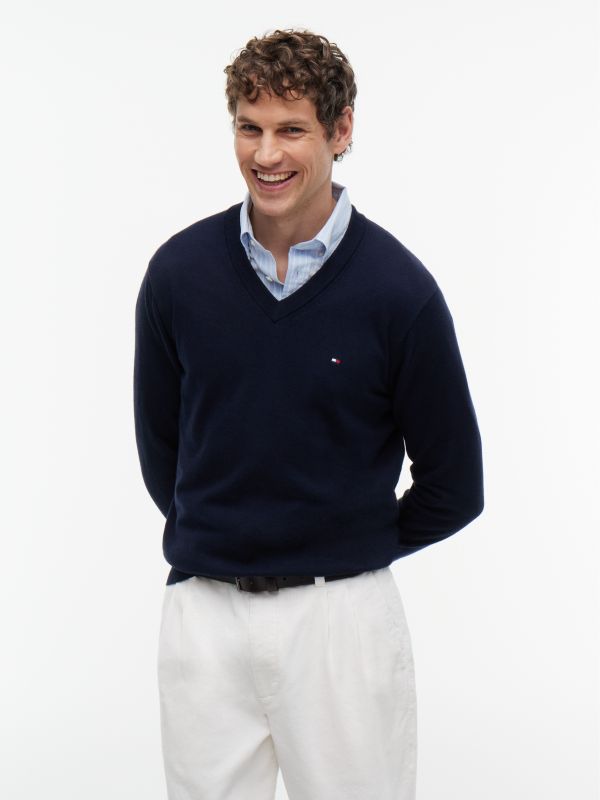 V-Neck Jumper With Cashmere — Blue