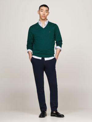 green v-neck jumper with cashmere for men tommy hilfiger