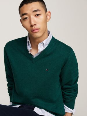 green v-neck jumper with cashmere for men tommy hilfiger