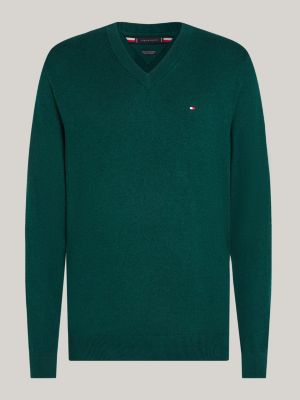 green v-neck jumper with cashmere for men tommy hilfiger