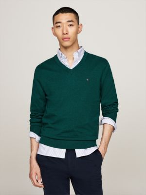 green v-neck jumper with cashmere for men tommy hilfiger