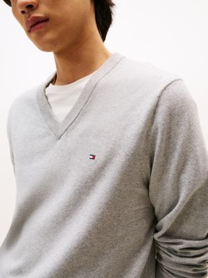 grey v-neck jumper with cashmere for men tommy hilfiger