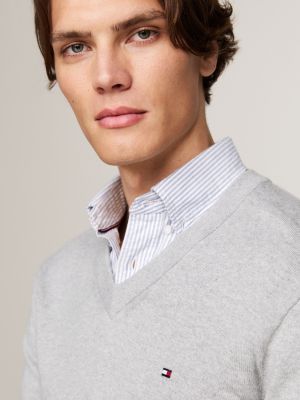 grey v-neck jumper with cashmere for men tommy hilfiger