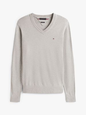 grey v-neck jumper with cashmere for men tommy hilfiger