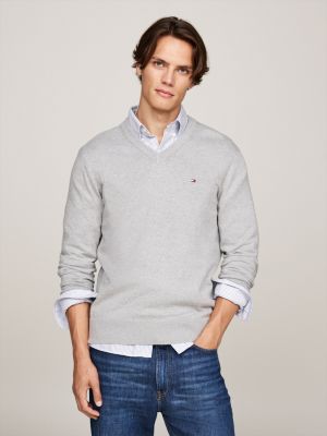 grey v-neck jumper with cashmere for men tommy hilfiger