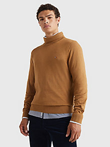 brown cotton cashmere roll neck jumper for men tommy hilfiger