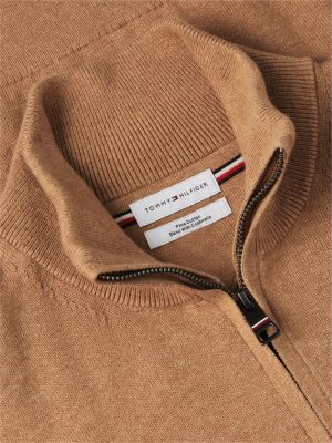 beige mock neck quarter-zip jumper with cashmere for men tommy hilfiger