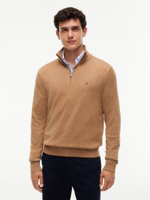 beige mock neck quarter-zip jumper with cashmere for men tommy hilfiger