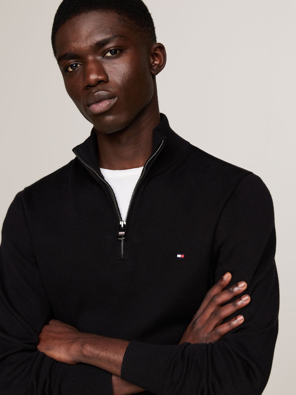 Mock Neck Quarter-Zip Jumper With Cashmere — Black