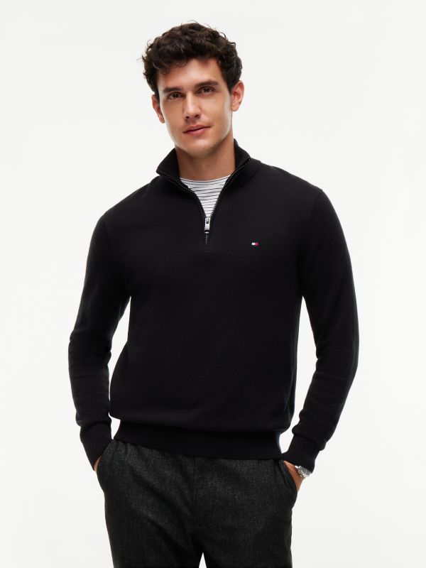 Mock Neck Quarter-Zip Jumper With Cashmere — Black