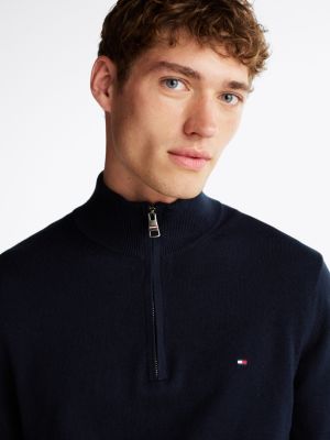 blue half-zip mock jumper with cashmere for men tommy hilfiger