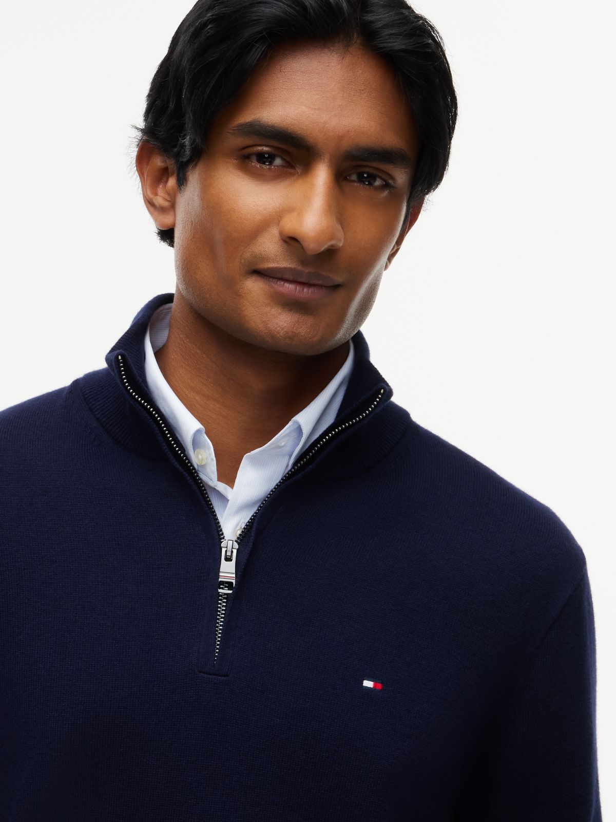Mock Neck Quarter-Zip Jumper With Cashmere — Blue