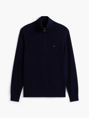 blue mock neck quarter-zip jumper with cashmere for men tommy hilfiger
