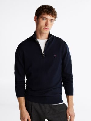 blue half-zip mock jumper with cashmere for men tommy hilfiger