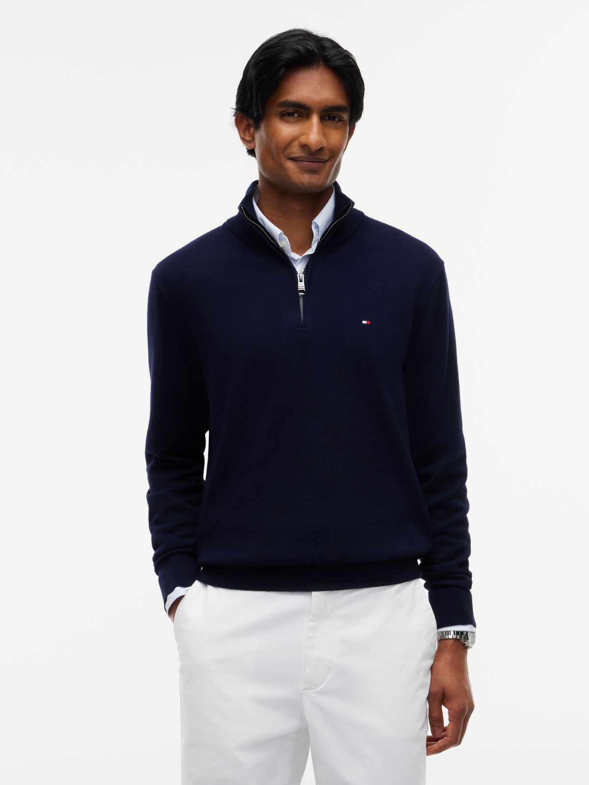 Mock Neck Quarter-Zip Jumper With Cashmere — Blue