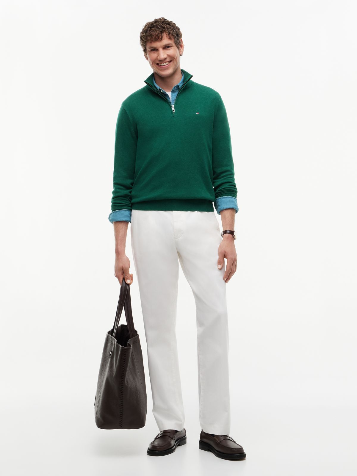 Mock Neck Quarter-Zip Jumper With Cashmere — Green