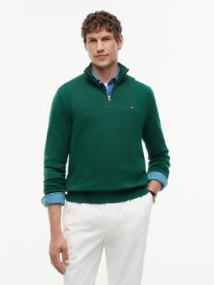 green mock neck quarter-zip jumper with cashmere for men tommy hilfiger