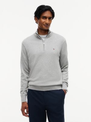 grey mock neck quarter-zip jumper with cashmere for men tommy hilfiger