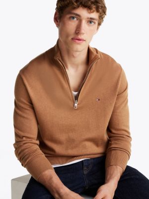 brown half-zip mock jumper with cashmere for men tommy hilfiger