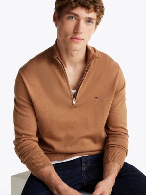 pullover a lupetto con mezza zip e cashmere marrone da uomini tommy hilfiger